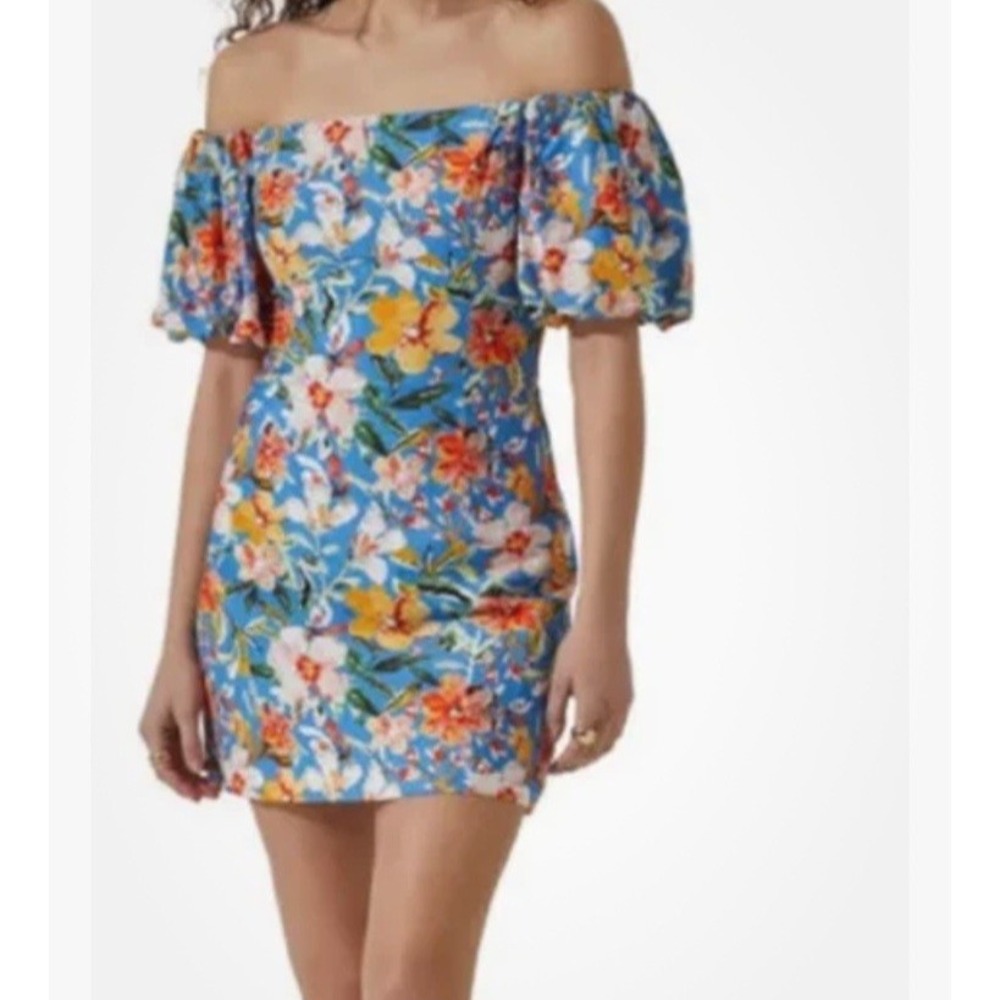 ASTR Dress Blue Tropical Off Shoulder Mini Size XL Coquette Vacation Resort